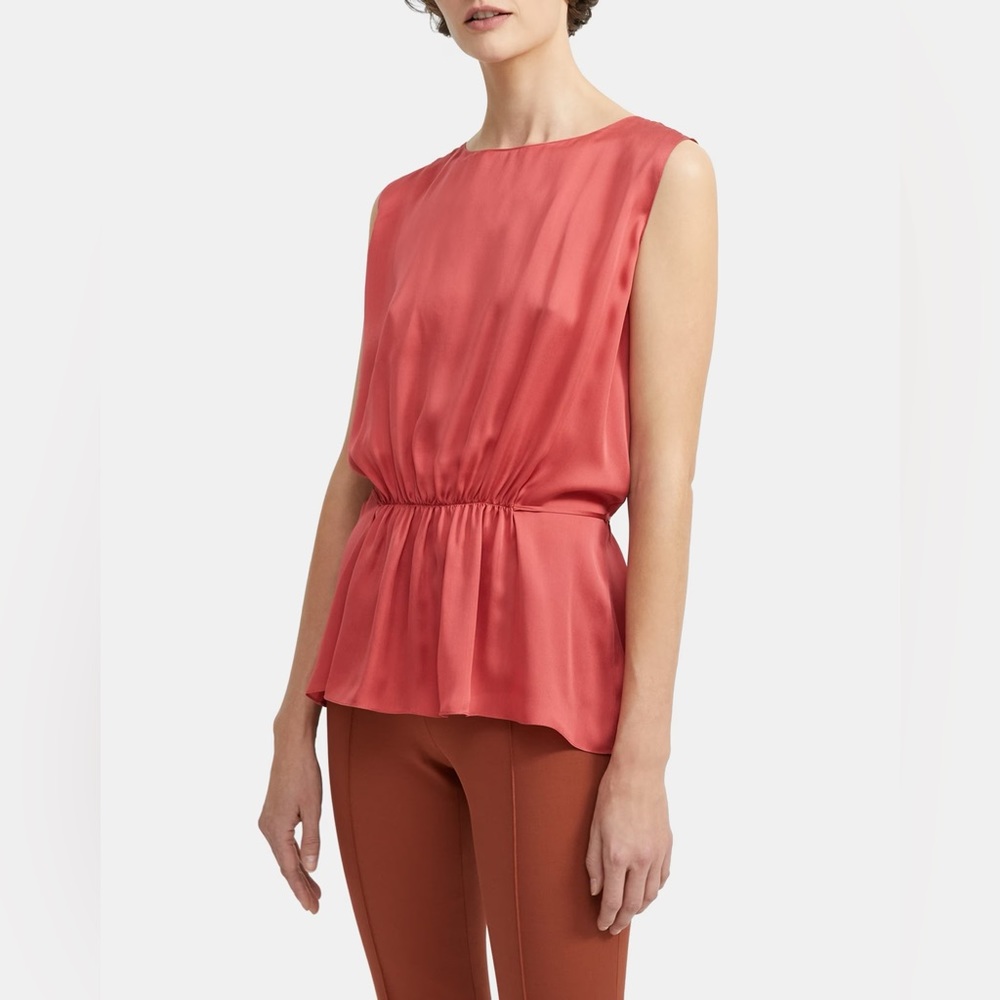 THEORY silk shirred red blouse